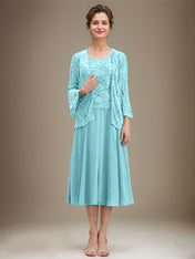 A-line Scoop Tea-Length Lace Chiffon Mother of the Bride Dress With Sequins