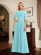 A-line Scoop Illusion Floor-Length Chiffon Lace Mother of the Bride Dress With Pleated Sequins