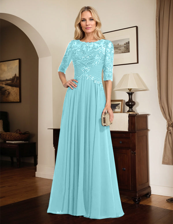 Robe de mère de la mariée trapèze en mousseline de soie et dentelle, longueur au sol, avec décolleté en V et sequins plissés 