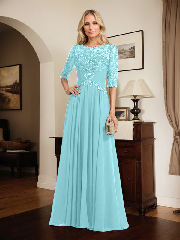 A-line Scoop Illusion Floor-Length Chiffon Lace Mother of the Bride Dress With Pleated Sequins
