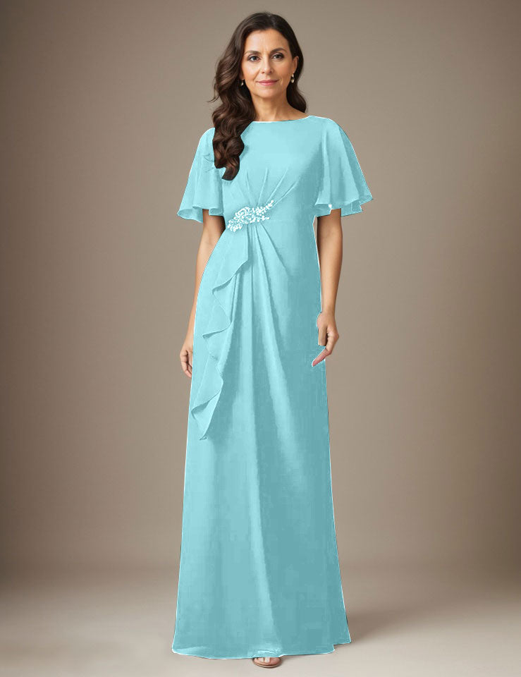 Robe fourreau en mousseline de soie bleu marine foncé avec perles