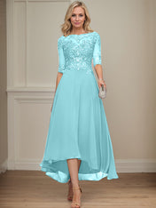 A-line Boat Neck Illusion Asymmetrical Chiffon Lace Mother of the Bride Dress With Sequins Beading
