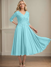 A-line V-Neck Tea-Length Chiffon Lace Mother of the Bride Dress With Beading Sequins