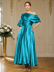 A-line Short Sleeves Pleated Ankle-Length Silk like Satin Mother of the Bride Dress
