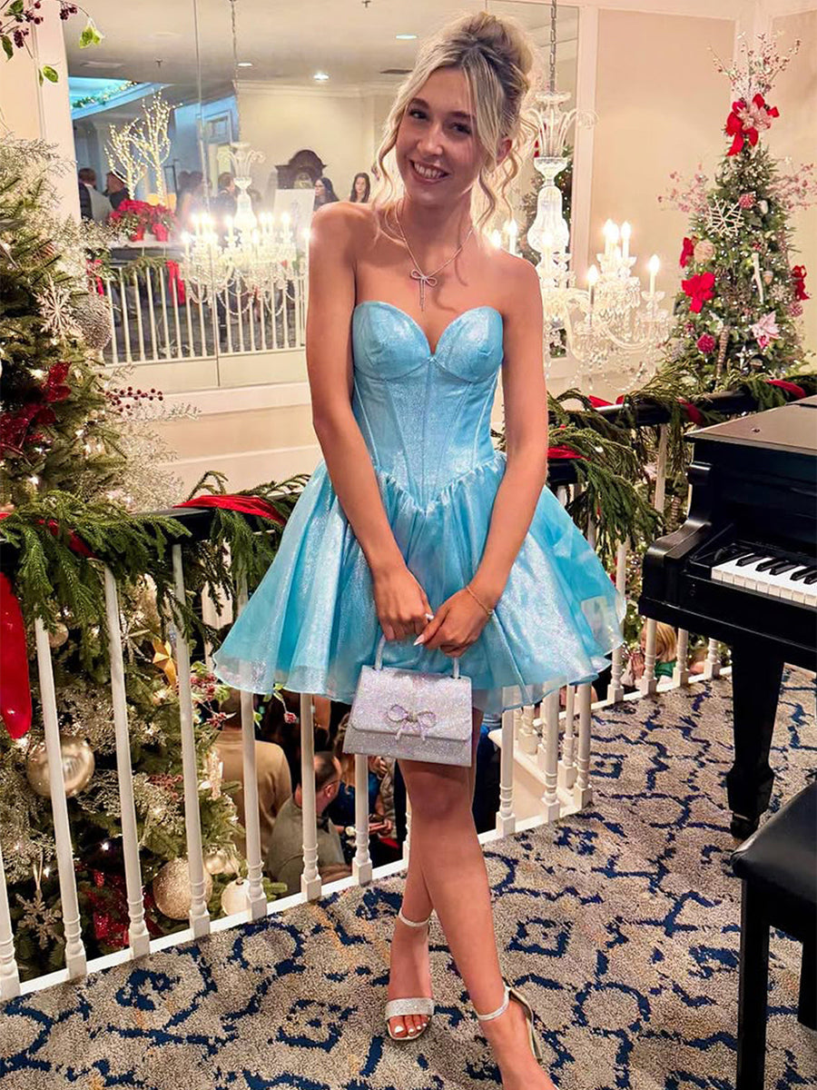 Aqua A Line Strapless Organza Short Homecoming Dress
