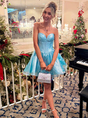 Aqua A Line Strapless Organza Short Homecoming Dress