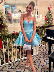 Aqua A Line Strapless Organza Short Homecoming Dress