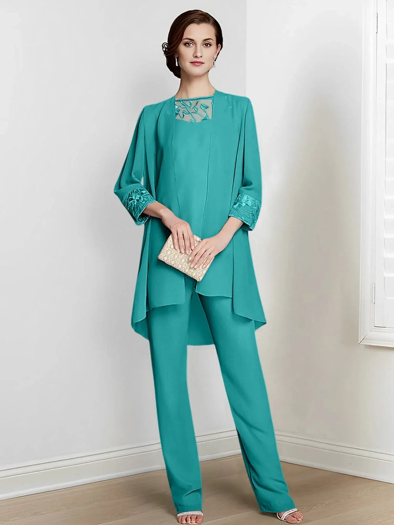 Tailleur-pantalon en mousseline à manches longues pour mère de la mariée avec veste 