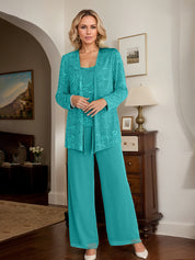 Aqua Blue Chiffon Mother of the Bride Pantsuits with Jacket & Sequins