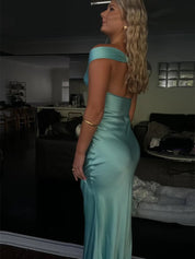 Aqua Mermaid Off The Shoulder Sheath Satin Long Prom Dress
