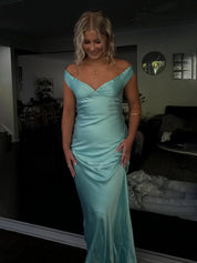 Aqua Mermaid Off The Shoulder Sheath Satin Long Prom Dress
