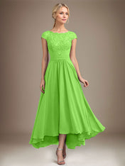 A-line Scoop Illusion Asymmetrical Lace Chiffon Mother of the Bride Dress With Pleated