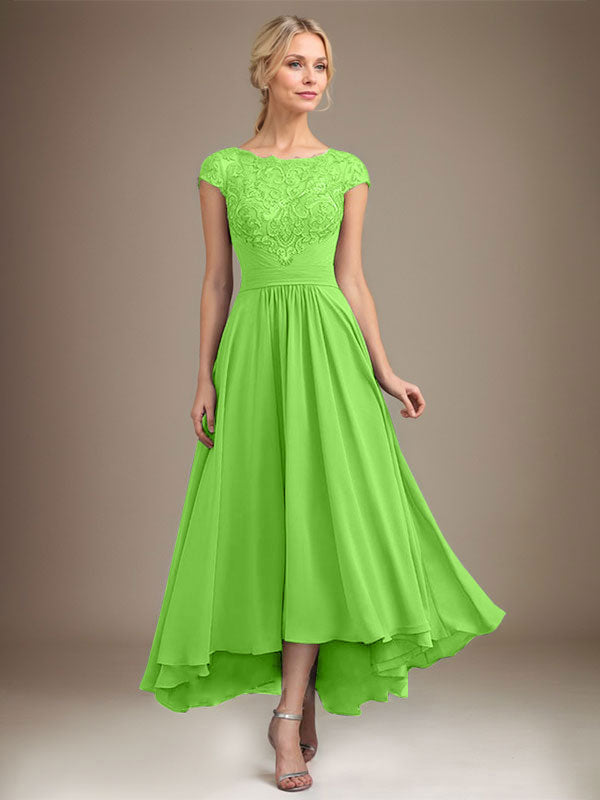 A-line Scoop Illusion Asymmetrical Lace Chiffon Mother of the Bride Dress With Pleated