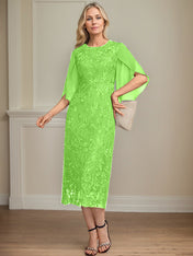 Sheath/Column Scoop Tea-Length Lace Chiffon Mother of the Bride Dress