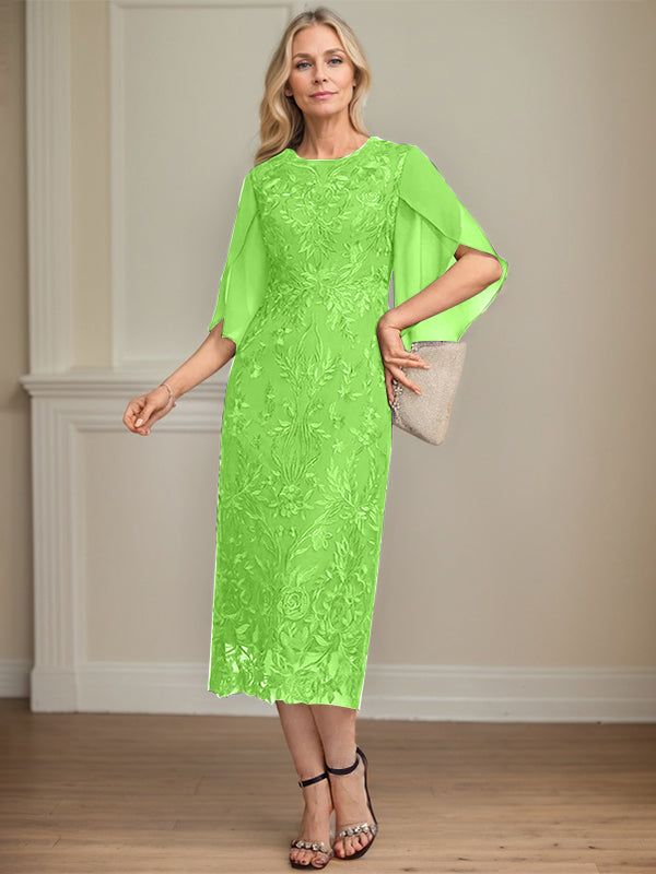 Column Scoop Tea-Length Lace Chiffon Mother of the Bride Dress