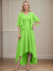 A-line V-Neck Asymmetrical Chiffon Mother of the Bride Dress With Beading Sequins