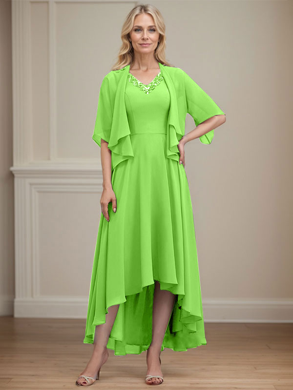 A-line V-Neck Asymmetrical Chiffon Mother of the Bride Dress With Beading Sequins