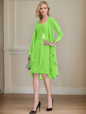 Sheath/Column Sweetheart Knee-Length Chiffon Mother of the Bride Dress With Beading Appliques Lace Sequins Pleated