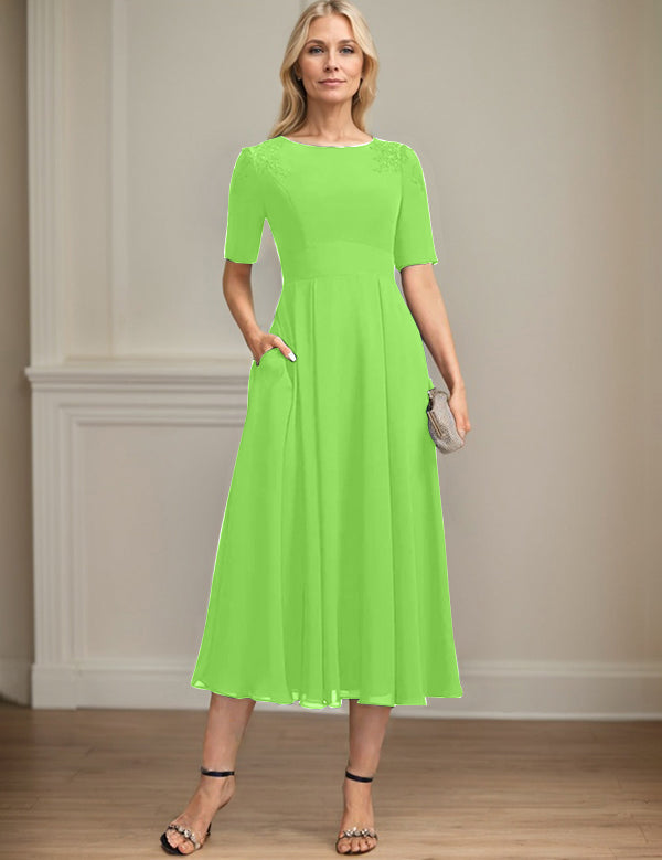 A-line Scoop Tea-Length Chiffon Mother of the Bride Dress With Appliques Lace Sequins