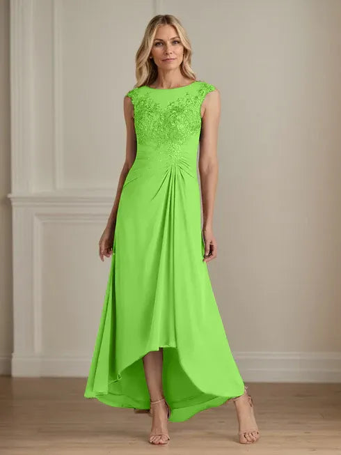 Champagne A-Line Scoop Lace Chiffon Dress