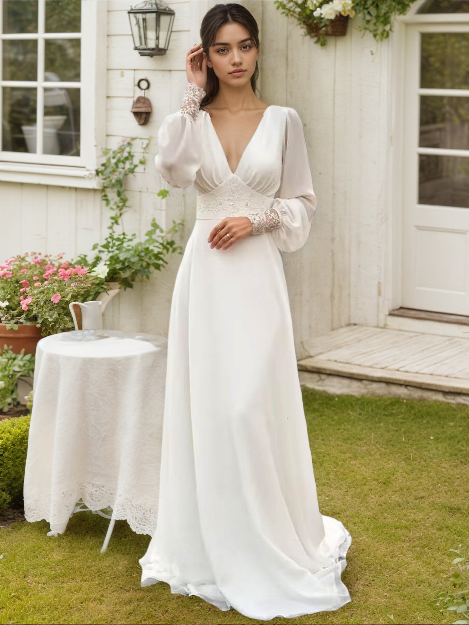 Long Sleeves Wedding Dresses V Neck Backless Bridal Dresses for Women