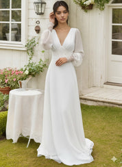 Long Sleeves Wedding Dresses V Neck Backless Bridal Dresses for Women