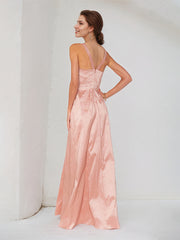 Pink Satin Spaghetti Straps Sleeveless Floor Length Dress With Bow