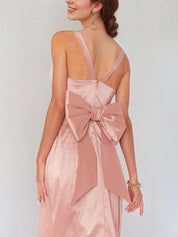 Pink Satin Spaghetti Straps Sleeveless Floor Length Dress With Bow