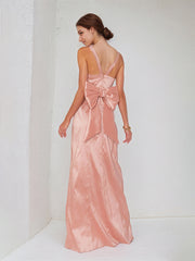 Pink Satin Spaghetti Straps Sleeveless Floor Length Dress With Bow