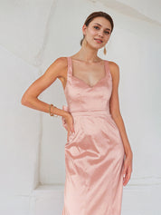 Pink Satin Spaghetti Straps Sleeveless Floor Length Dress With Bow