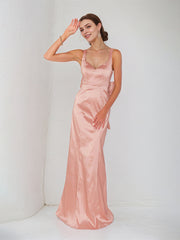 Pink Satin Spaghetti Straps Sleeveless Floor Length Dress With Bow
