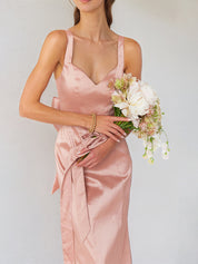 Pink Satin Spaghetti Straps Sleeveless Floor Length Dress With Bow
