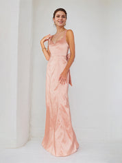 Pink Satin Spaghetti Straps Sleeveless Floor Length Dress With Bow
