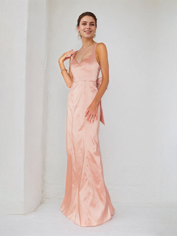 Pink Satin Spaghetti Straps Sleeveless Floor Length Dress With Bow