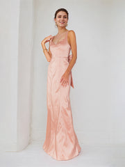 Pink Satin Spaghetti Straps Sleeveless Floor Length Dress With Bow