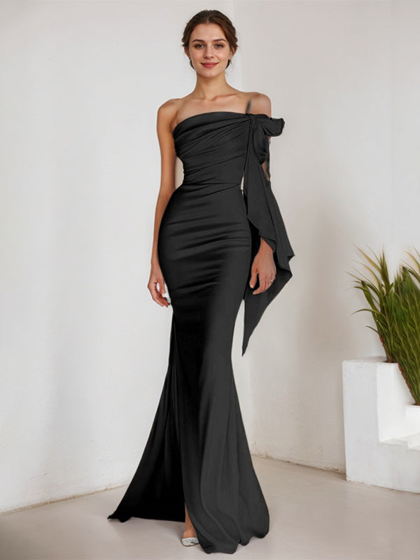 White Mermaid Strapless Sheath Satin Long Formal Dress with Slit
