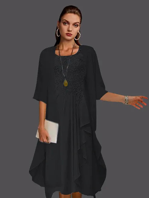 Two Piece A-Line Chiffon Lace Sleeveless Jacket Dresses with Pleats Appliques