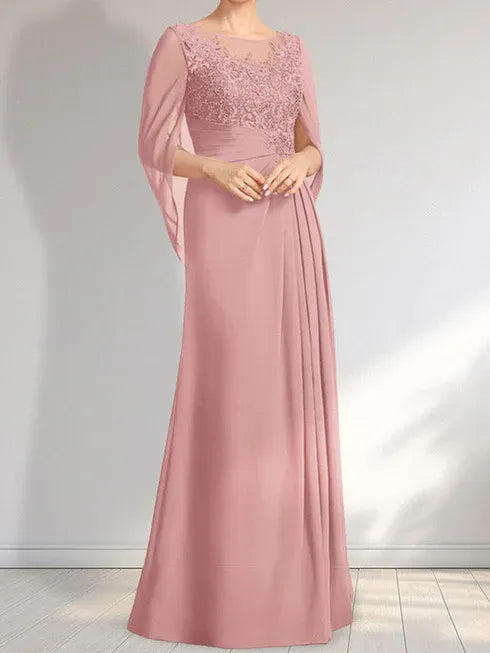 A-line Scoop Illusion Floor-Length Lace Chiffon Mother of the Bride Dress With Pleated Sequins