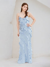 Sky Blue Satin Spaghetti Straps Sleeveless Floor Length Dress With Ruffles