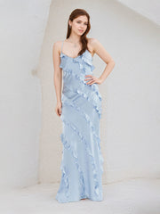 Sky Blue Satin Spaghetti Straps Sleeveless Floor Length Dress With Ruffles