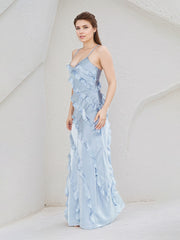 Sky Blue Satin Spaghetti Straps Sleeveless Floor Length Dress With Ruffles