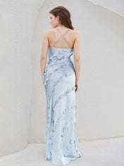 Sky Blue Satin Spaghetti Straps Sleeveless Floor Length Dress With Ruffles