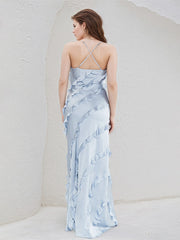 Sky Blue Satin Spaghetti Straps Sleeveless Floor Length Dress With Ruffles