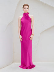 Hot Pink Satin Halter Neck Sleeveless Floor Length Dress With Bow