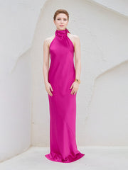 Hot Pink Satin Halter Neck Sleeveless Floor Length Dress With Bow