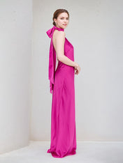 Hot Pink Satin Halter Neck Sleeveless Floor Length Dress With Bow