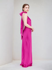 Hot Pink Satin Halter Neck Sleeveless Floor Length Dress With Bow