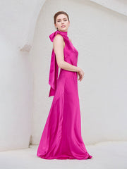 Hot Pink Satin Halter Neck Sleeveless Floor Length Dress With Bow