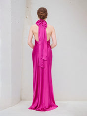 Hot Pink Satin Halter Neck Sleeveless Floor Length Dress With Bow