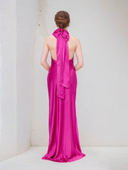 Hot Pink Satin Halter Neck Sleeveless Floor Length Dress With Bow
